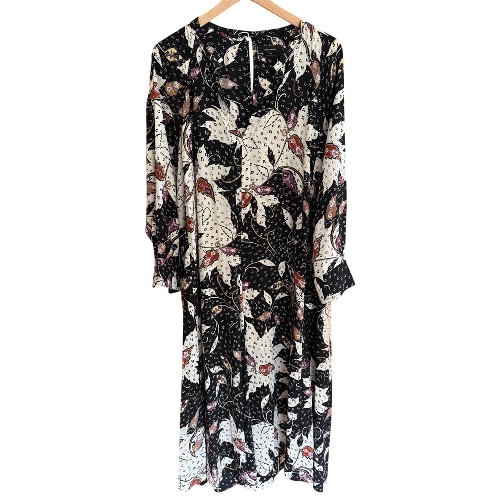 Isabel Marant Silk Botanical Print Midi Dress Long Sleeve Belted Size 36